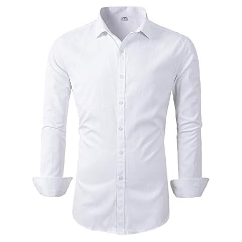 Mens Long Sleeve Dress Shirts Slim Fit Casual Business Formal Button Down Shirt (C455 White, M) Cover