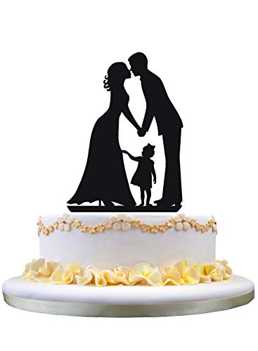 Wedding Cake Topper Silhouette Groom kiss Bride with little Girl daughter