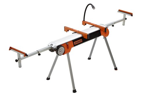 Folding Miter Saw Stand with Wheels Portamate PM-7500. Portable Power Tool Stand with Wheels, LED Light, Quick Tool Mounts and 4 Outlet 110V Power Strip.