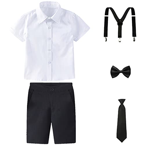 Image of amropi Boy Tuxedo Outfit 5-Piece Long Sleeve Bow-Tie Shirt and Suspender Pants Set for Age 1-13 Years