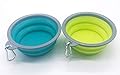 FONYA dog bowl and pet bowl collapsible travel silicone camping/hiking/walking crates with fixing clips [2 cup sets] portable collapsible dog portable (lake blue, yellow-green)