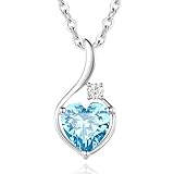 FANCIME 14 Carat Solid White Gold March Birthstone Pendant Necklace, Heart Created Aquamarine Pendant with 0.033 Ct Diamond Necklace, 925 Sterling Silver Chain, Fine Jewellery Gift for Women Her
