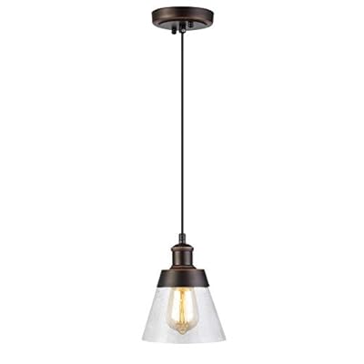 Rustic Glass Pendant Light with Handblown Clear Seeded Glass Shade, One-Light Adjustable Industrial Cone Mini Pendant Lighting Fixture for Kitchen Island Cafe Bar Farmhouse, Oil Rubbed Bronze