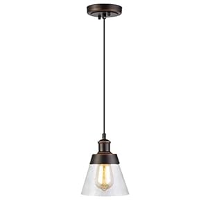 Rustic Glass Pendant Light with Handblown Clear Seeded Glass Shade One Light Adjustable Industrial Cone Mini Pendant Lighting Fixture for Kitchen Island Cafe Bar Farmhouse Oil Rubbed Bronze
