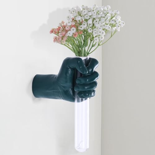 XYQXYQ Green Wall Sculptures, Hand Vases Home Decor, Wall Mount Art Sculpture, Unique Wall Art Statue, Funky Flower Vase Decorations, Modern Eclectic Hanging Decor,Glass Test Tube Vase