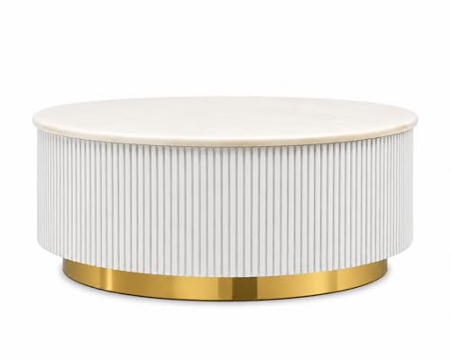 Image of Premium Luxury Marble-Top Wooden Center Table with Louvers & Acrylic Wooden Base | Premium Coffee Table for Living Room & Office (White)