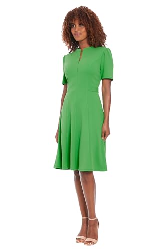 London Times Women's Dresses Women's Mock Neck Short Puff Sleeve Fit and Flare - Professional Work Dress - Wedding Guest Cocktail Dress, Kelly Green, 62