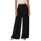 Lmdudan Boho Linen Wide Leg Palazzo Pants for Women High Waisted Pleated Flowy Pants Beach Vacation Trousers with Pockets Black