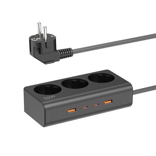 JSVER Regleta Enchufes USB, Compacto y Elegant Enchufes con 3 Toma de Corriente y 4 USB Puertos(PD 20 W Carga rápida) Estación de Carga Inteligente USB Regleta con Cable 1.5m-Negro