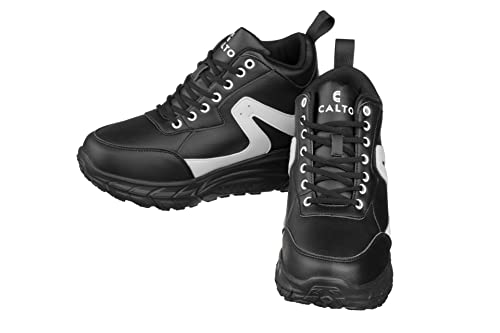 CALTO Men's Invisible Height Increasing Elevator Shoes - Black/White Lace-up High-Top Hiking Style Sneaker Boots - 4 Inches Taller - S22772 - Size 12 D(M) US4