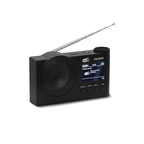 Mooov 477254   Radio Dab+ y FM con Bluetooth 5.0, Despertador Doble Alarma, Pantalla Color, USB MP3, Batería Recargable hasta 15h, Función Sleep, Negro