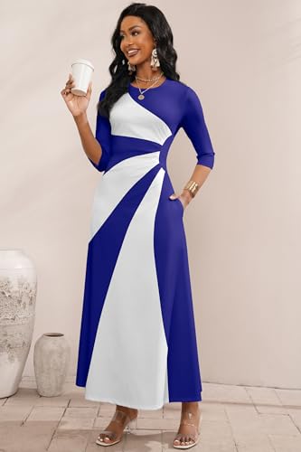 Image of Runwind Maxi Dress for Women with Ruched Waist - Semi-Formal 3 /4 Sleeve Crew Neck Long Dresses for Wedding Guest & Church
