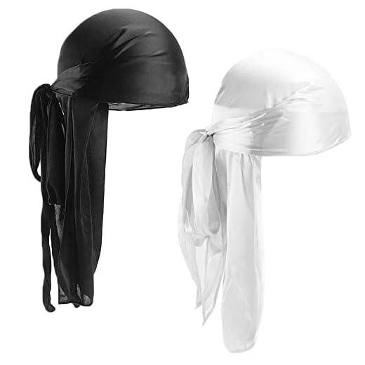 2Pcs Durag de Seda, Gorro Bandanas Piratas, Pañuelos de Cabeza Turbante Con Cola Extra Larga y Correas Anchas Para Hombres y Mujeres Decoración Diaria de Hip-Hop (Negro+Blanco)