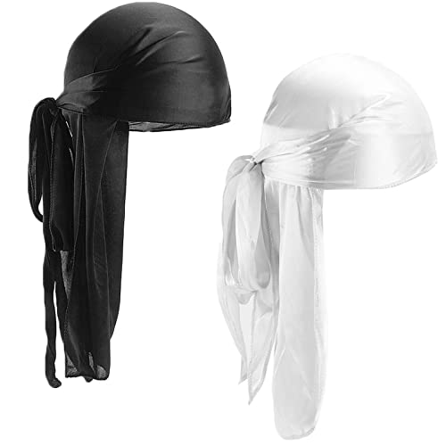 2 peças Durag de seda, gorro bandanas piratas, lenços de cabeça turbante com cauda extra longa e alças largas para homens e mulheres decoração diária de hip-hop (preto + branco)