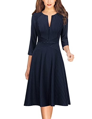 Image of VFSHOW Womens Work Business Front Zipper A-Line Dresses 3 /4 Sleeve Office Church Fit and Flare Skater Swing Knee Length Dress