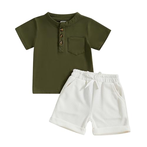 Lamuusaa Toddler Baby Boy Outfits Short Sleeve Basic T-shirt Waffle Solid Color Casual Jogger Shorts Summer Clothes 6M-4T (Green, 12-18 Months)
