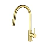 KIBI Circular Single Handle Pull Down Faucet for Kitchen Sink | Solid Brass High Arc Faucet Spout | Kitchen Faucet with Pull Down Sprayer (Brushed Gold) (KKF2013)