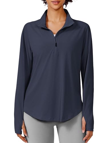 PINSPARK Womens 1/2 Zip Workout Tops Long Sleeve Sun Protection Lightweight Athletic Tops Moisture Wicking Running Shirts with Thumb Hole,Navy Blue XXL