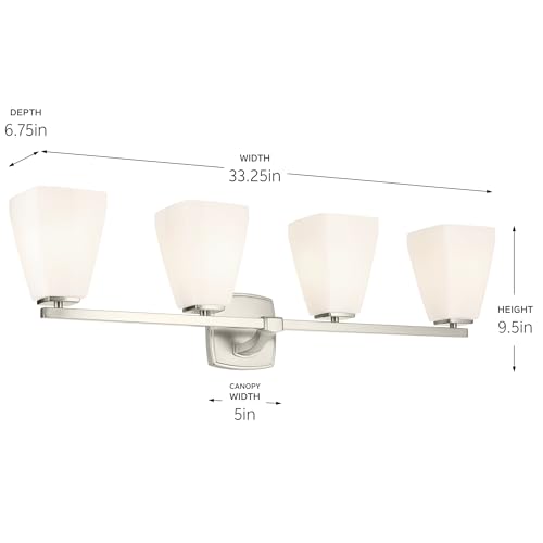 Image of Kichler Marant 33.25 inch 4-Light Bathroom Vanity Light Fixture with Opal Glass in Brushed Nickel for Modern Powder Room Over Mirror (33.25 in W x 9.5 in H), 55217NI