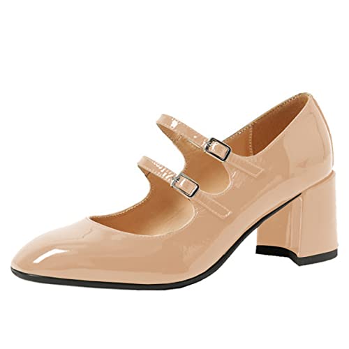 Women's Stylish Closed Round Toe Patent Leather Double Monk-Strap Vintage Low Chunky Heel Dress Mary...