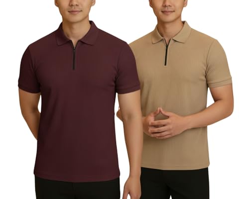 Image of MACK JONNEY Men's Cotton Self Design Polo T-Shirts | Front Half Zipper | Pack of 2 | Multicolour