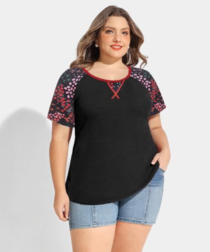 Image of CARCOS Plus Size Tops for Women Short Sleeve Shirt Summer Star /Leopard /Tie Dye /Flower Crewneck Pullover Tunic XL-5XL