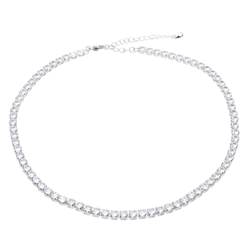 Tennis Halsketten Damen, Rhinestone Choker weißgold Strass Halsband mit Funkelnden Zirkonia, Größenverstellbare Iced Out Cuban Link Chain, 4mm Breit, 36+5cm Lang