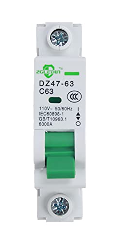 ZGLEDUN AC Miniature Circuit Breaker, 1 Pole 63Amp, 12-240VAC, 6kA Din Rail Mount Breaker with Thermal Magnetic Trip, DZ47-63 1P, AC Solar MCB