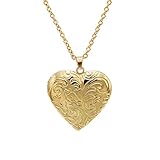 Vintage Engraved Flower Locket Picture Pendant Necklace Antique Carved Pattern Oval Heart Pendant Necklace For Women Hold Picture Souvenir Memorial Jewelry(Gold Heart 2)