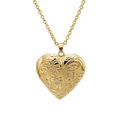 Vintage Engraved Flower Locket Picture Pendant Necklace Antique Carved Pattern