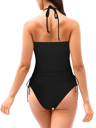 LVZIJUN Women's Tankini Sets Two Piece Bathing Suits Halter Neck Tummy Conrol Tankini Swimsuits Solid Color Thong Bottom4
