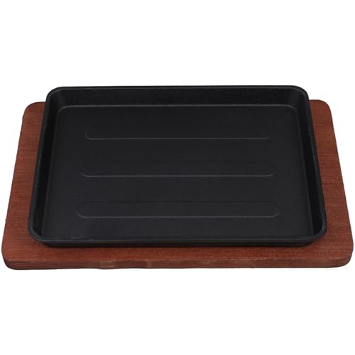 HOLIDYOYO Sartén de Hierro Fundido con Base de Madera Plancha Grande para Asar Freír y Hornear para Cocina Teppanyaki y Reuniones Familiares