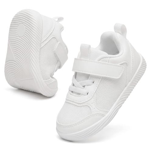 MORENDL Toddler Tennis Shoes White Baby Gril Boy Sneakers Breathable Lightweight Slip On First Walking Running Shoe Size 8