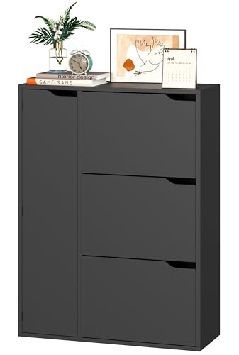 IRONCK Schuhschrank mit 3 Klappen Schuhkipper Schmal mit Tür Schuhregal Flur freistehend Schuhkommode mit verstellbaren Trennwände Schuhablage Schrank für Eingang Wohnzimmer 77x30x112cm (Schwarz)