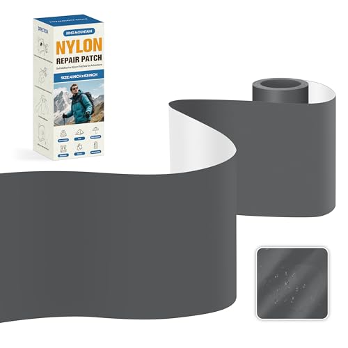 KING MOUNTAIN Self Adhesive Nylon Fabric Repair Tape, 4×63 Inches, Quick Down Jacket Repair Patch, Waterproof Outdoor Gear Patch Kit for Tent,Backpacks,Umbrella, Gloves, Sleeping Bag (Dark Grey)