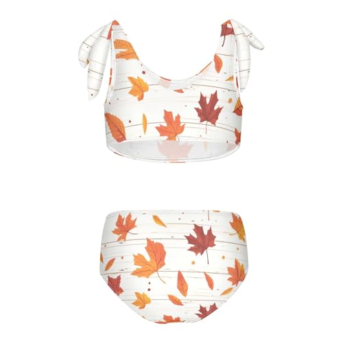 KLL Autumn Leaf on Old White Wooden Girls' 2 Piece Bikini Sets Scoop Neck Swimsuits Swimming Suits Adjustable Strap2