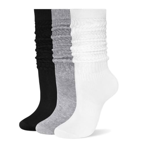 Rehelu Womens Scrunch Long Socks Retro Cute Cotton Slouchy Boot Socks Lightweight High Tube Slouch Sock for Women - White/Gray/Black
