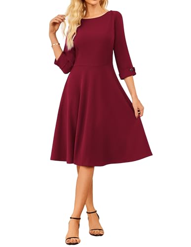 GRACE KARIN Elegantes Abendkleid Damen 3/4 Ärmel A-Linie Midikleid U-Boot-Ausschnitt Vintage Festkleid Rosa L