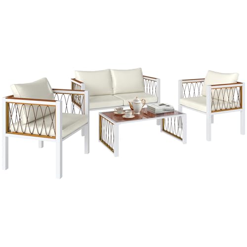 Outsunny Gartenmöbel Set 4-teilig Polyrattan Lounge-Set mit Zweisitzer 2 Sessel Glastisch abnehmbar Kissen rutschfesten Matte, Balkonmöbel für 4 Personen Sitzgruppe für Garten Balkon Cremeweiß