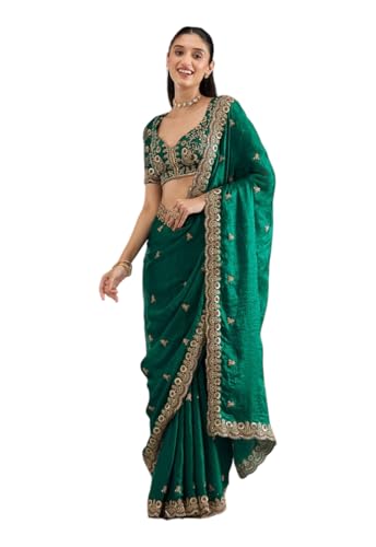 Image of Yashika Women's Organza Satin Butti Work With Zari Lace Border Embroidered Saree| Women Sari