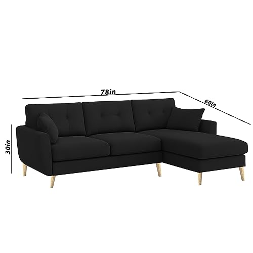 Image of BRAXTON Lindel RHS 4 Seater L Shape Sofa Set for Living Room (Black) Premium Velvet Fabric Sofa