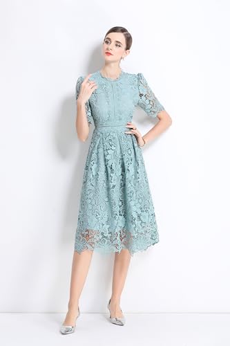Image of LAI MENG FIVE CATS Women's Lace Floral Short Sleeve Crochet Waist Cocktail Midi Dress