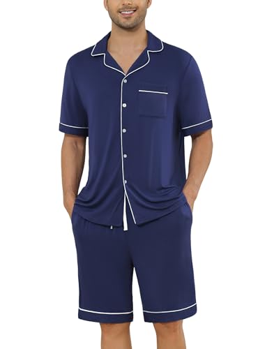 Image of Veseacky Men's Button Down Pajama Set Short Sleeve Shorts Modal Soft Sleepwear Loungewear Pjs with Pockets S-XXL