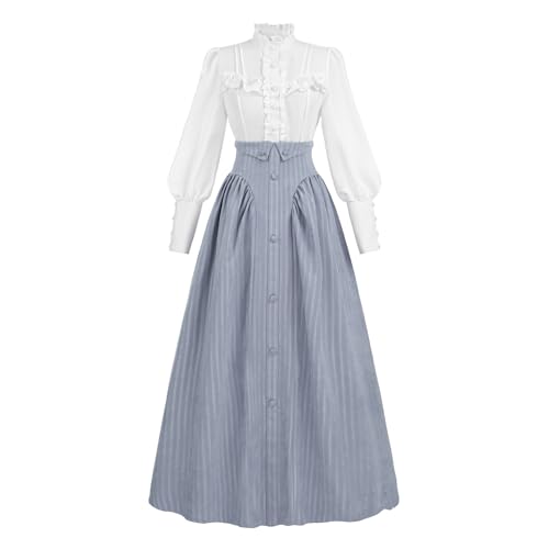 LTAKK Viktorianisches Kleid für Damen, edwardianisches Renaissance-Kostüm, Mittelalter-Kleid, Vintage-Stil, 1800er-Jahre-Kleider, Graublau, XL