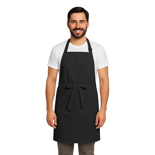 CRASOME Apron for Men Women Chef Cooking Restaurants Gardening Workshop, Barbers with Adjustable Strap and Two Pockets
