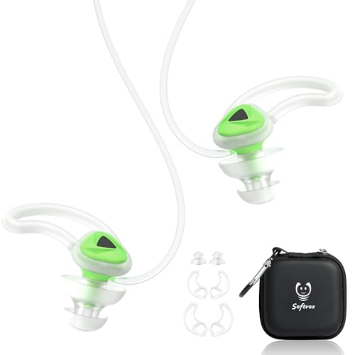 Softvox Ear Plugs for Swimming and Surfing with Lanyard, Block Out Water Let Sound in, Reusable Comfy Custom-fit Swimmer Earplugs for Diving, Shower, Pool, Swim, Bath, Kayaking, incl Carry Case, GN