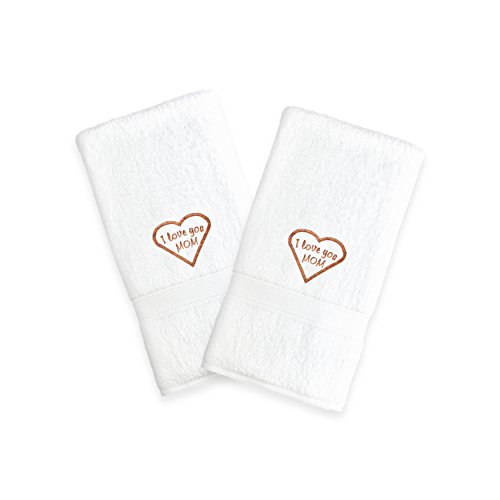 Linum Home Textiles I Love You Mom Embroidered White Hand Towels, Set of 2, Melange