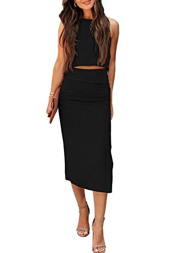 PRETTYGARDEN Women's 2 Piece Summer Outfits Crewneck Tank Tops Split ...