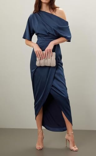 One Shoulder Satin Mother of The Bride Dresses for Women Tea Length Ruched Formal Evening Dress2