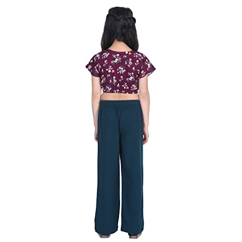 Image of LILPICKS Girls' Cotton Knot Floral Top with Polyester Stretchable Pant Set (Wine & Teal Green)
